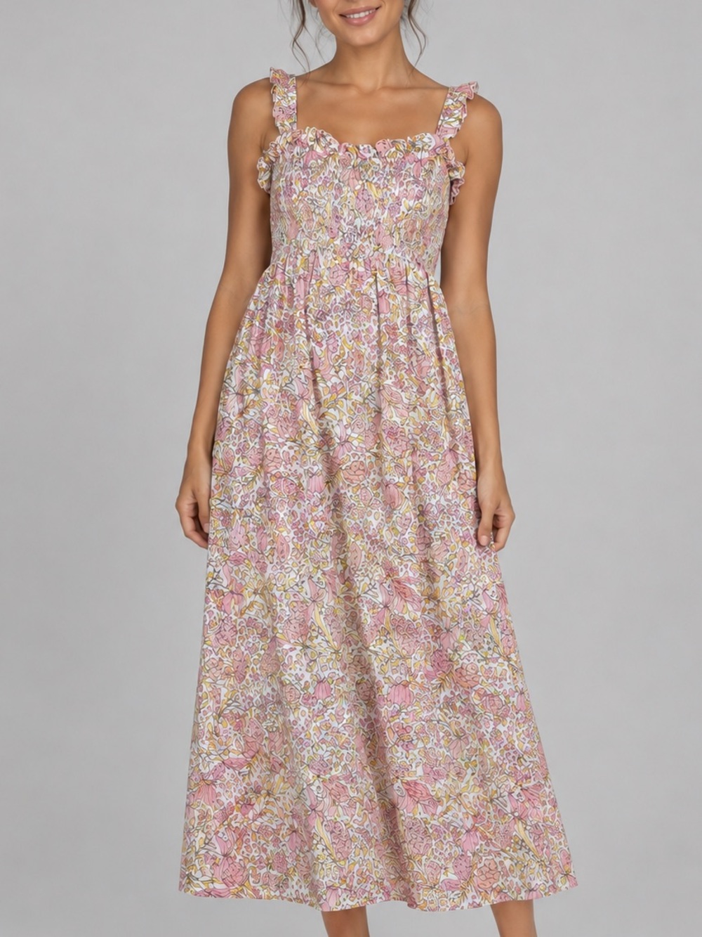 🆕💖 Abbey Glass XL Floral Linen Blend Smocked Maxi Dress Cottagecore Sundress